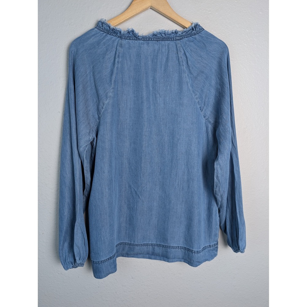 Sundance Womens Blue Tencel Frayed Neck Button Front Raglan Blouse Top Small - Picture 3 of 9